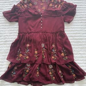 Zara Trafaluc Embroidered Burgundy Tiered Dress- Medium